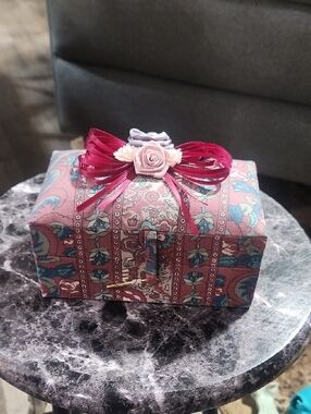 Pink Floral Patterned Cosmetic Jewelry Box with Ribbon Rose Accent